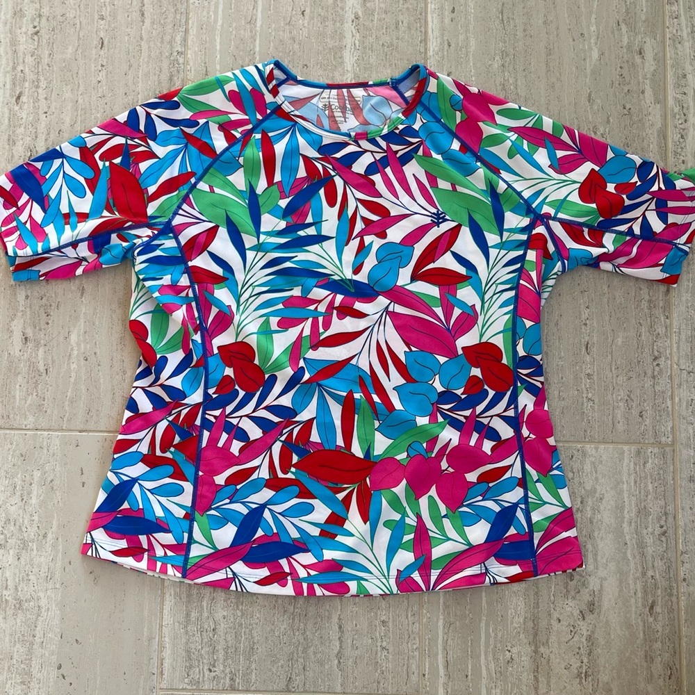 Coolibar Blue, Pink and White Tropical Swim Top